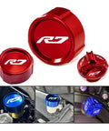 6061 T6 Aluminum Brake Fluid Reservoir Cover For YZF R7 Motorcycle Front And Rear Cap Protector Leakproof Fuel Tank Cap Replacement And Filler Cap Guard For 2021 2022 Models, red and blue anodized caps in close-up view