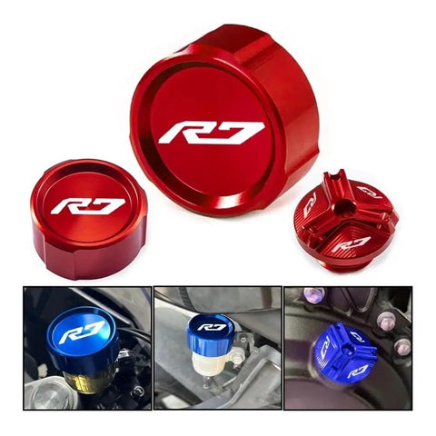 6061 T6 Aluminum Brake Fluid Reservoir Cover For YZF R7 Motorcycle Front And Rear Cap Protector Leakproof Fuel Tank Cap Replacement And Filler Cap Guard For 2021 2022 Models, red and blue anodized caps in close-up view