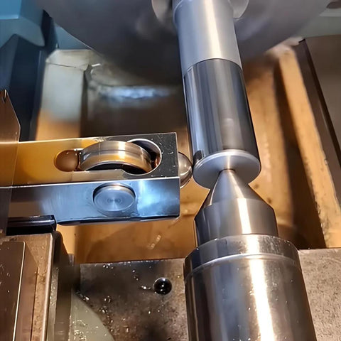 Installed mini lathe burnishing tool on tool post, smoothing a steel workpiece surface