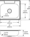 Diagram of Dayton 25 By 22 Inch Single Bowl Drop-In Stainless Steel Kitchen Sink Satin Finish ADA Compatible dimensions.