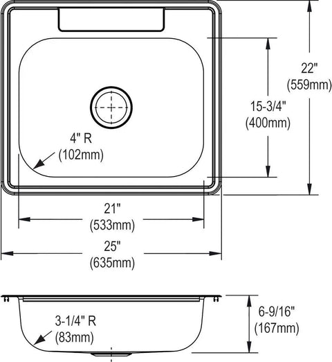 Diagram of Dayton 25 By 22 Inch Single Bowl Drop-In Stainless Steel Kitchen Sink Satin Finish ADA Compatible dimensions.