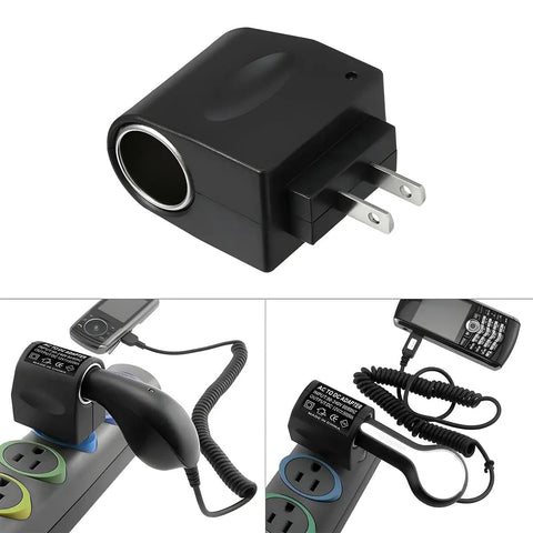 Universal AC To DC Car Power Converter For Cigarette Lighter Socket With 12V Vehicle Transformer and Wall Plug Adapter for Auto Electronics, compact black adapter with plug.