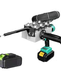 Heavy Duty Automatic Wire Stringing Machine With Easy Dial Infinitely Variable Speed For Electricians Pulling Cable Through Concealed Pipe Conduit Battery Powered Lithium Threading Tool For Jobsite No Sweat Setup Smooth Forward And Reverse Drive with a black handle and battery.