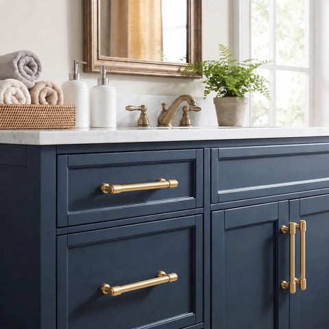 Top Tier Brushed Brass Cabinet Pulls 10 Pack Featuring 96MM Hole Spacing on a navy bathroom vanity with a marble top.