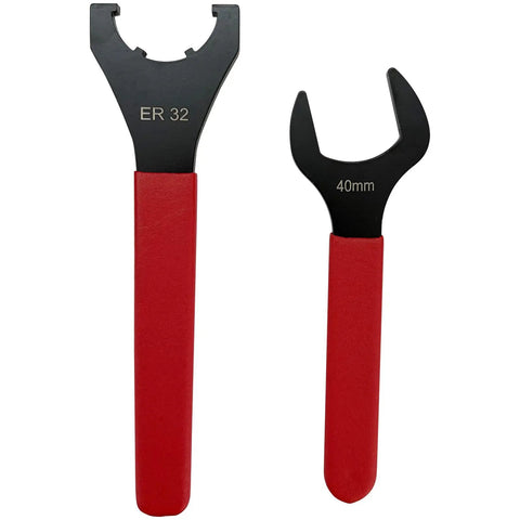 Knockout Grip Cat40 Er32 Collet Chuck Built Rock Solid With Flex Free Aerospace Aluminum Housing And Smooth 90 Degree Angled Mount For Heavy Duty Milling Projects And Pure Power showing ER32 and 40mm wrenches.