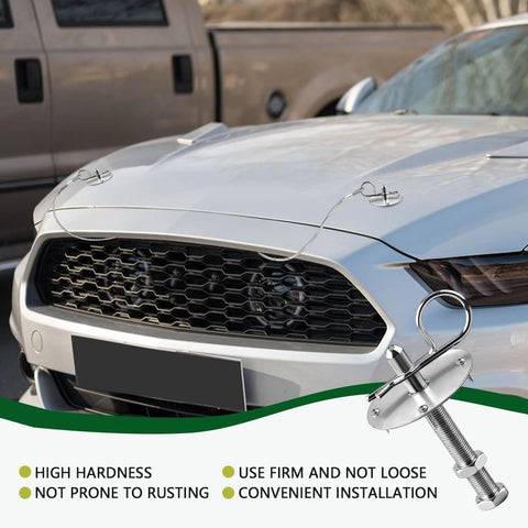 Heavy Duty Stainless Steel Car Hood Pins Kit With Quick Release Lock Latch on silver car hood, showing rust-resistant installation