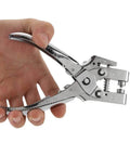 Hand holding DIY Eyelet Setting Tool Pliers Kit With 100 Gold Grommets, showcasing ergonomic grip and chrome finish for crafts.
