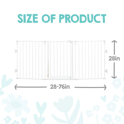 Super Wide Configurable Baby Gate For Doorways And Open Spaces Three Panel Wall Mounted Safety Gate With Door For Babies Toddlers And Pets Expands From 28 To 76 Inches Includes Wall Mount Hardware, showing size details