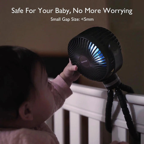 8000mAh Portable Stroller Fan With Ultra Long Battery Life attached to baby crib with LED night light on