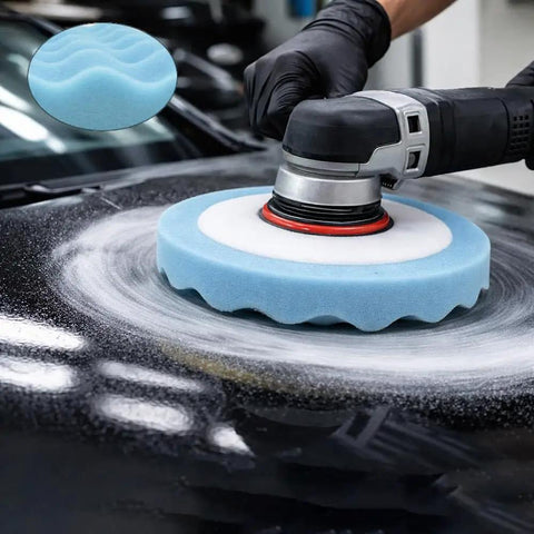 8 Inch Blue Ultra Soft Foam Buffing Pad For Auto Detailing And Paint Correction Heavy Duty Polish Tool in use on a car surface.