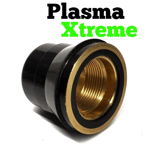 Close-up of brass and black spacer from Killer Thirteen Piece Plasma Cutter Consumables Set For Harbor Freight Titanium Forty Five Amp Plasma Cutters Including Models Five Six Two Five Five Five Nine One Eight Two Five Nine One Eight Two And Five Six Eight One One With Five Electrodes Five, featuring "Plasma Xtreme" text.