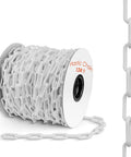 Lightweight Plastic Chain For Crowd Control And Event Setup 124 Feet Of 2 Inch Links UV Protected White Barrier Chain on reel