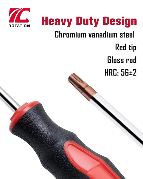 8 Piece Magnetic Torx Screwdriver Set With Red Tips T8 To T40, S2 steel, black handle, ergonomic grip, close-up view