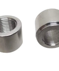 Pair Of Heavy Duty 3/8 Inch NPT Female Weld On Bung Fittings For Fuel Cells Oil Pans Radiators Solid 6061 Aluminum Raw Finish Built Tough As Nails Made In Usa showing two cylindrical bungs.