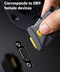 Close-up of 6 Foot USB To Serial Adapter With DB9 Male Port And PL2303 Chipset For RS232 USB Cable connecting to device