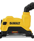 Heavy Duty Angle Grinder Dust Shroud Fits Four Half Inch Through Five Inch Models With Adjustable Shoe And Plunge Cut Build For No Sweat Operation And Zero Dust Clouds That Really Works Like A Charm On Rough Job Sites Daily side view of a DEWALT dust shroud attachment.