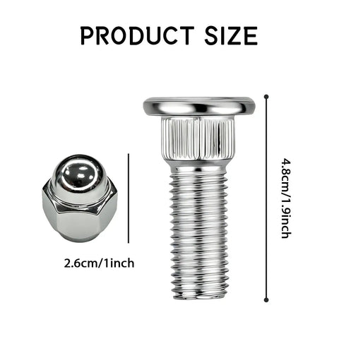 Heavy Duty 8 Piece M12x1.25 Wheel Studs And Lug Nuts Set Chrome Finish For Subaru Crosstrek WRX BRZ Forester Outback Legacy Ascent And Scion Fr-S OEM Replacement Kit showing stud and nut size