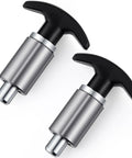 Two Pack Spring Loaded T Handle Pull Knobs With Badass Grip Built Tough As Nails For Welding Tables And Garage Shelves Locking Steel Shank Shock Proof Plastic Design Half Shank 3 15 Inches Long black and silver knobs on a white background.