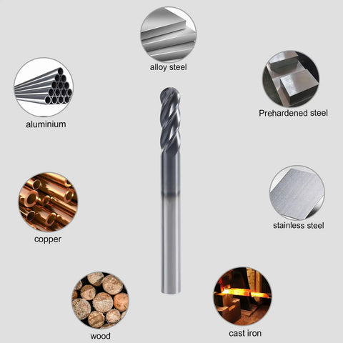 Four Flute Carbide Ball Nose End Mill For Badass Metalworking Micro Grain Carbide With Anti Wear Coating, surrounded by metal types.