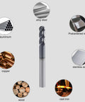 ISB Four Flute Carbide Ball Nose End Mill for Alloy and Hardened Steels with diagram of applicable materials