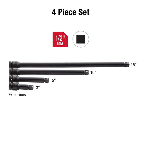 Impact Extension Set For 1/2 Inch Drive, 4 Piece SAE, 3 To 15 Inch Length Range, Cr-Mo Steel, displayed horizontally