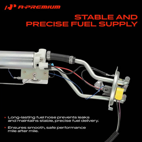 Heavy Duty Electric Fuel Pump Assembly Direct Drop In Swap For Chevy GMC Full Size Trucks And Suburbans 1987 To 1991 close-up view showing fuel hose and components.