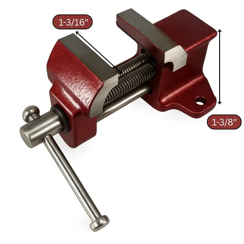 Compact One Inch Fixed Bench Vise For Jewelry Making And Crafting One And A Quarter Inch Jaw Width Tiny Yet Mighty Grip For Precision Work In Small Workspaces. Red metal bench vise with 1-3/16 in jaws, 1-3/8 in body, and handle for jewelry work