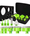 FACHLICH tile hole saw kit with 12 green diamond core bits, finger bit, bevel chamfer bit, and black carrying case.