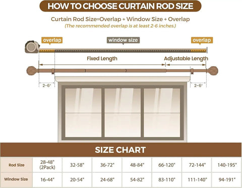 How to choose curtain rod size guide with diagram and chart; includes Heavy Duty Adjustable Curtain Rod Set Stretch From 32 To 144 Inches.