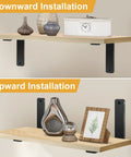 Four Pack L Shaped Shelf Brackets 6 Inch Long by 4 Inch High by 1.5 Inch Wide 5mm Thick Matte Black Iron in upward and downward installation.