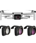 Pro Grade Lens ND Filter Kit For Mini Drones, CPL And ND8 And ND16, Multi Coated 3 Pack shown with Mavic drone