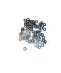 Front view of Number 8 external-tooth lock washers, zinc-plated, scattered in a pile.