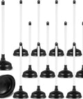 Top Shelf Heavy Duty 12 Pack Toilet Plungers in black, featuring long grip handles and rubber suction cups.