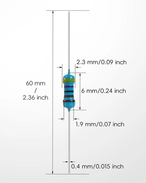 Diagram showing dimensions of resistor from 1000 Piece Resistor Kit Pro Grade Metal Film 0.25W 1 Percent Tolerance.