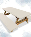 Three Piece Fitted Tablecloth And Bench Cover Set For 6 Foot Tables 30 By 72 Inch Vinyl with elastic edges, beige color.