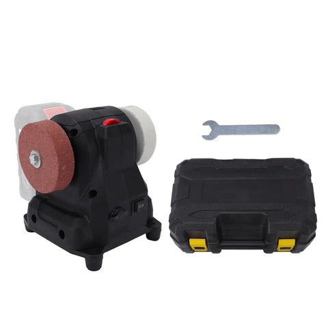 WALFRONT Portable Mini Bench Grinder With Six Adjustable Speed Settings, Powerful 100 Watt Compact Sander view with sanding wheel and case.