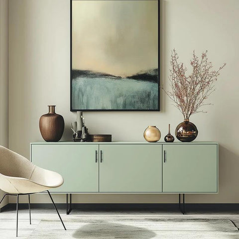 Modern living room with a minimalistic green cabinet featuring stainless steel handles and abstract artwork above, styled with decorative vases.