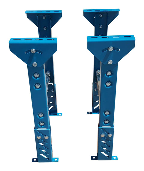 Heavy Duty Adjustable Conveyor Support Legs Two Pack Heights Lock From Twenty Six To Thirty Two Inches, blue steel legs.