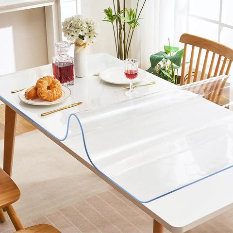 Clear 14x24 Inch Desk Blotter Mat Transparent PVC Table Protector Pad For Small Offices on dining table with food and decor
