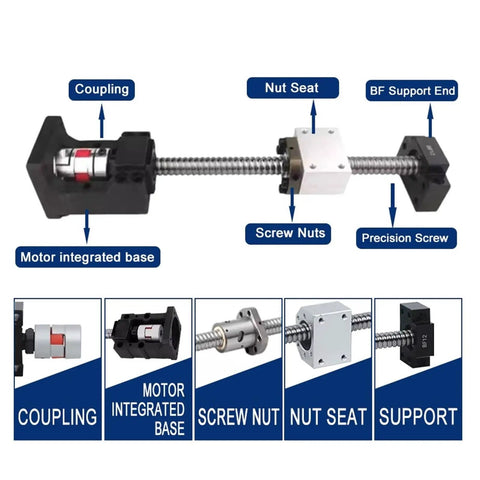 Heavy Duty SFU2010 Ball Screw With Spindle Motor Kit Fits 1500Mm Cnc Engraving Machines detailed view of components including motor base and screw nuts.