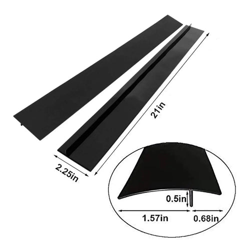 2 Pack Silicone Stove Gap Cover 21 Inch And 25 Inch Heat Resistant Easy To Clean No Mess Between Oven And Countertop Keeps Crumbs And Dust Out Durable Gap Guards, showing black silicone covers with detailed measurements.