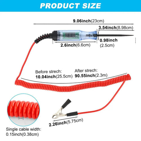 Vehicle Electrical Circuit Tester Pen With 3-48V LED Digital Display, Dual Color Polarity Indicator, Voltage Test Light For Cars And Bikes, Easy Quick Check Diagnostic Tool, Portable Auto Electrical Testing Probe, coiled cable, 23cm