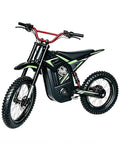 Badass 72 Volt 4000 Watt Electric Dirt Bike For Adults Packing A Meaty 30 Ah Lithium Battery And Hitting Fifty Mph With Rock Solid Hydraulic Brakes Built To Rip Through Rough Trails Or Own The Backcountry. Black and green electric dirt bike with knobby tires.