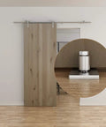Stainless Steel Sliding Door Guide For Barn Doors 1 Pack With Flush Bottom Design Fits Doors Up To Two And One Eighth Inches Thick Durable Floor Guide Quiet Operation 304 Stainless Steel Rollers Ideal For Modern Interiors, shown installed on wooden barn door.