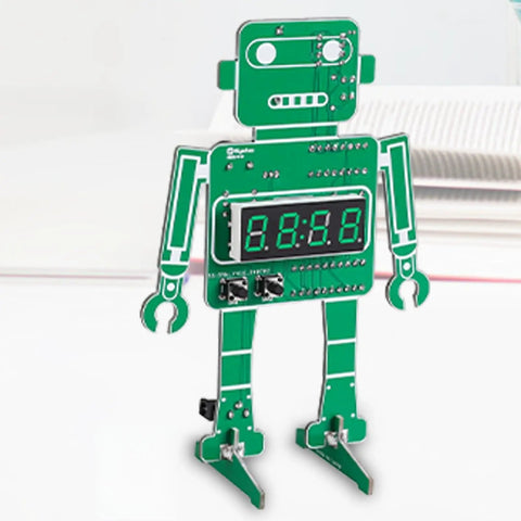 Green robot-style circuit board with digital time display from Alarm Clock Soldering Practice Kit For Students And Makers Build Your Own 4 Digit Robot Digital Clock With Temperature Display And STEM Circuit Board Project For Classroom Or Desk