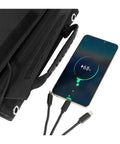 Close-up of Tailgate Ready 120W Foldable Solar Panel Bag With USB And DC Ports charging a smartphone, showing charging status.