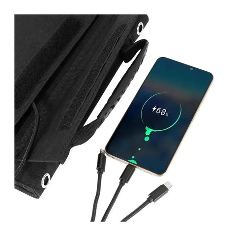 Close-up of Tailgate Ready 120W Foldable Solar Panel Bag With USB And DC Ports charging a smartphone, showing charging status.