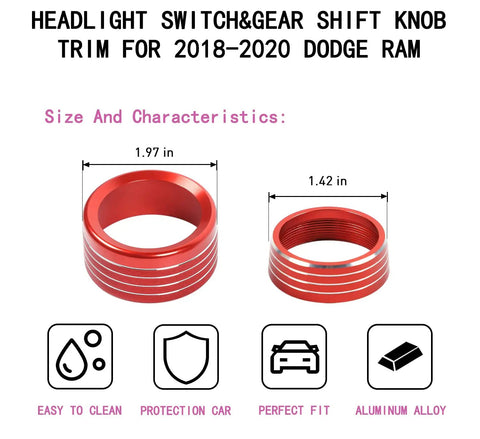 Red aluminum headlight and gear shift knob covers set dimensions for Dodge RAM 2018-2026, easy slip-on design.