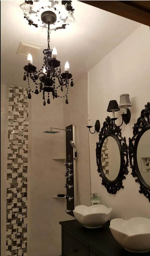 Brink House 4 Light Black Hardwire Flush Mount Chandelier With Glass Stem And Acrylic Crystals Ceiling Light Fixture For Entryway Dining Room Hallway And More Modern Black Metal Frame With Elegant Sparkle