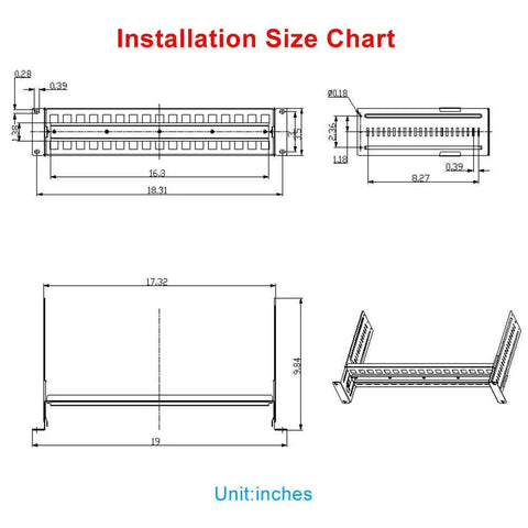 Installation size chart for Universal 2U 19 Inch Rack Mount Kit For DIN Rail Devices With Adjustable Depth Includes 1.38 Inch DIN Rail Track
